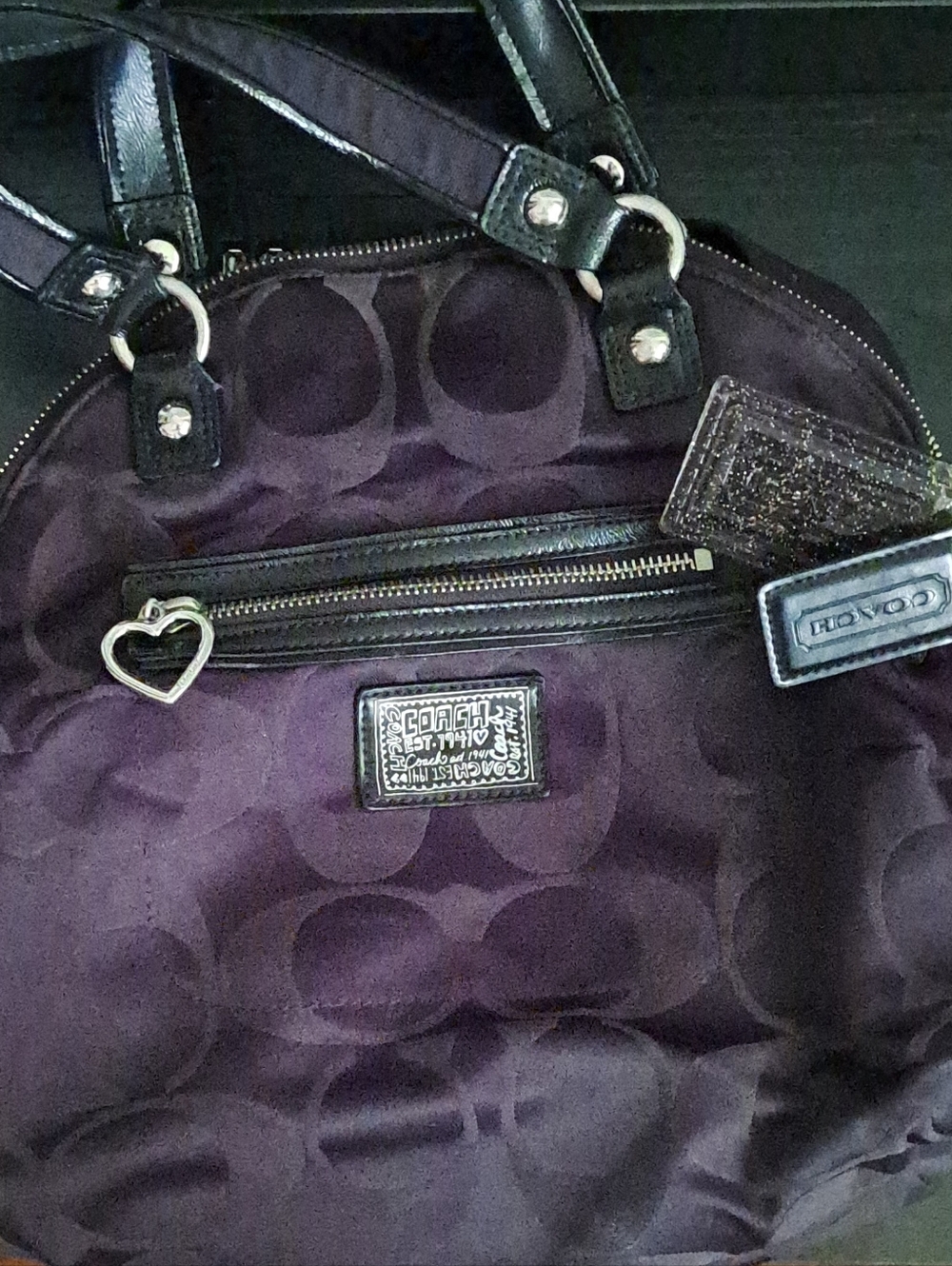Coach Plum Signature Satchel with Heart Charm